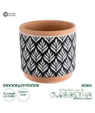GloboStar® Artificial Garden AGRA 20522 Διακοσμητικό Κεραμικό Κασπώ Γλάστρα - Flower Pot Μαύρο με Λευκό και Μπεζ Φ14.5 x Υ13cm